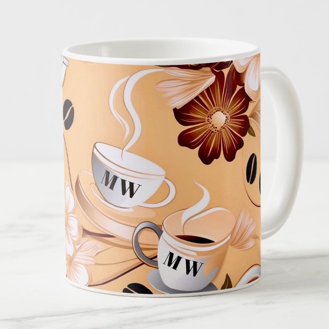 Mug Café thème beige, fleurs marron initiales (Créateur téléchargé)