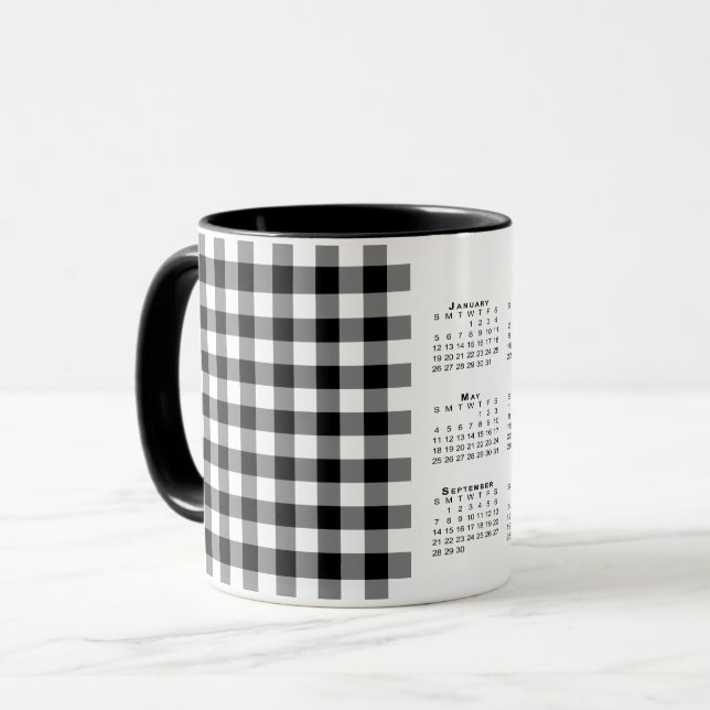 Mug Calendrier 2025 Noir Blanc En vichy Plaid Modèle (Devant gauche)