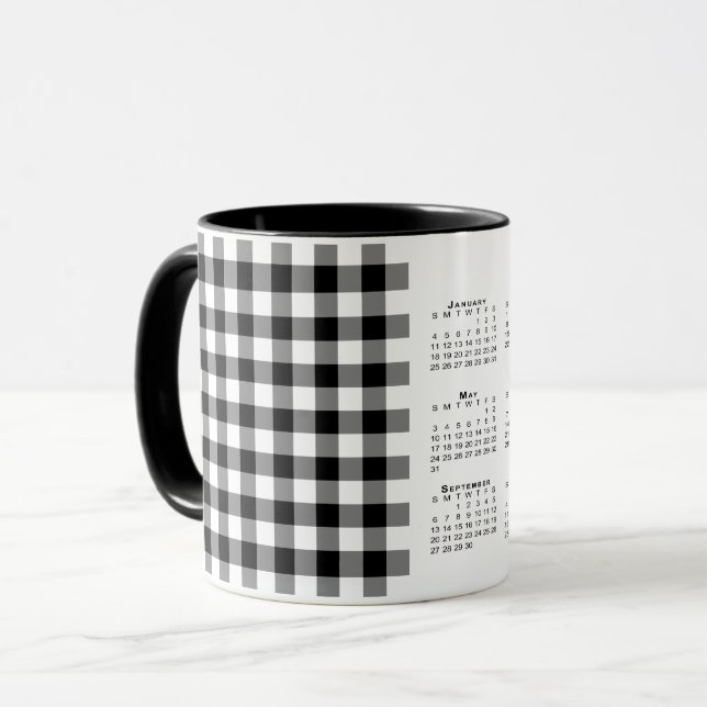 Mug Calendrier 2026 Noir Blanc En vichy Plaid Modèle (Devant gauche)