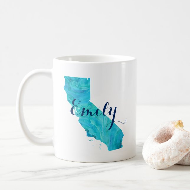 Mug California State Aqua Blue Watercolor Nom personna (Avec donut)
