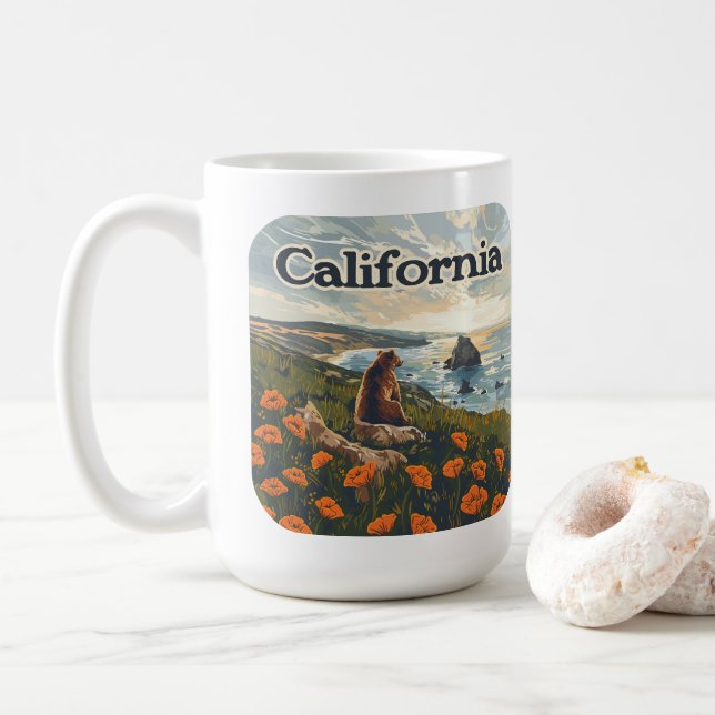 Mug Californie Bear Poppies Fleurs Côte Retro (Avec donut)