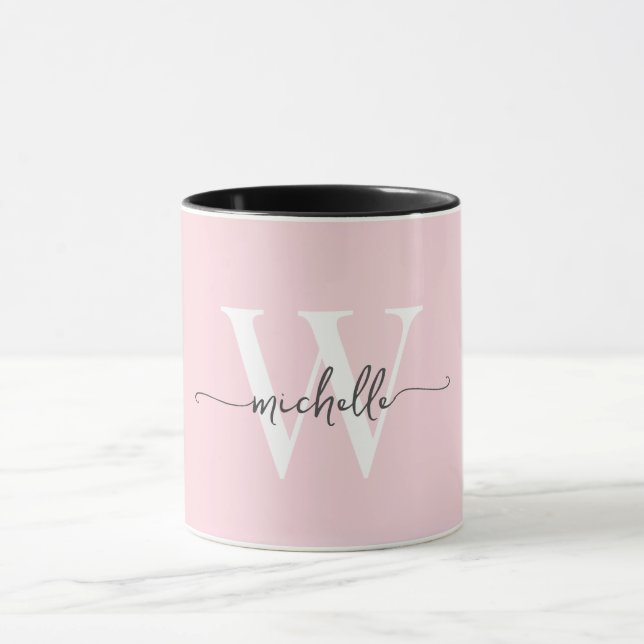 Mug Calligraphie de nom de monogramme de blush moderne (Centre)