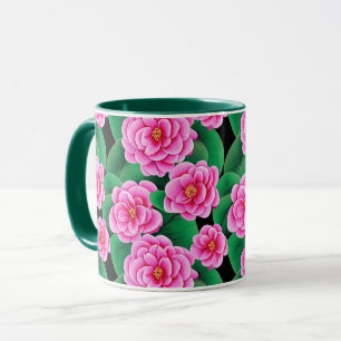 Mug Camellias rose Fuchsia et Feuilles verts Jade