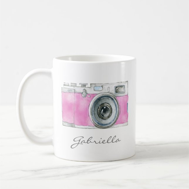 Mug Caméra d'aquarelle rose rétro personnalisée (Gauche)