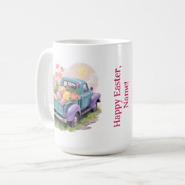 Mug Camion Rétro Sarcelle et Violet avec Œufs de Pâque (Devant gauche)