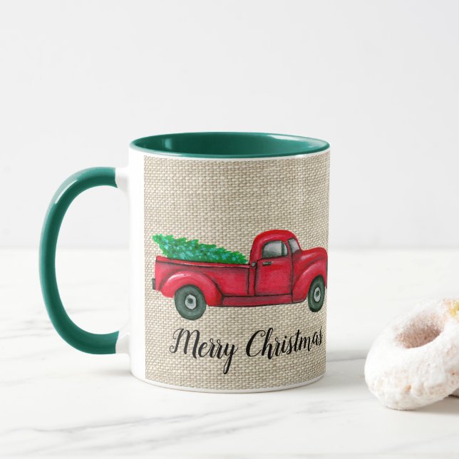 Mug Camion rouge vintage Arbre de Noël Musique (Avec donut)