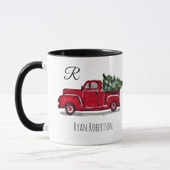 Mug Camion vintage avec arbre Monogramme Rouge Personn (Gauche)