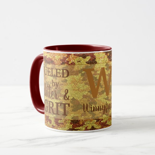 Mug Camouflage Pailleté Orange de Chasse Nom (Devant gauche)