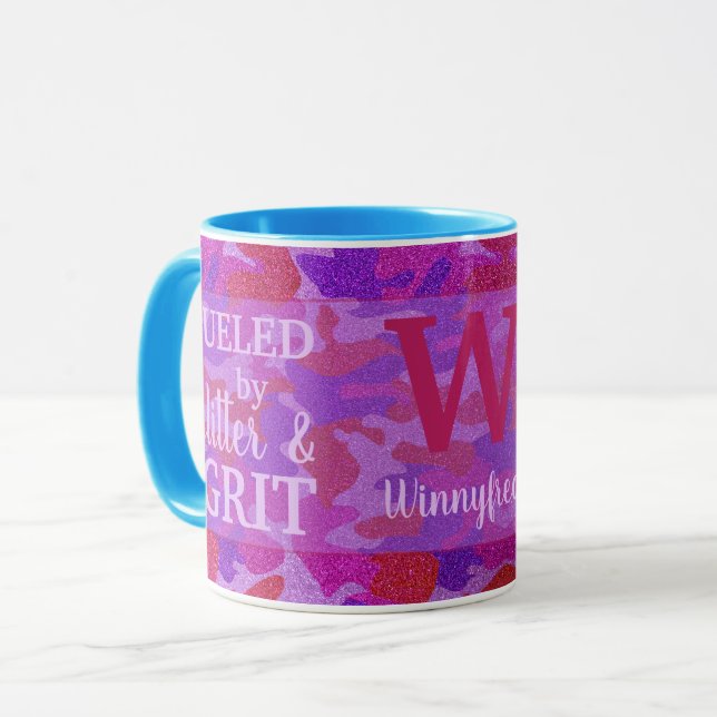 Mug Camouflage Pailleté Rose Clair et Violet Nom (Devant gauche)