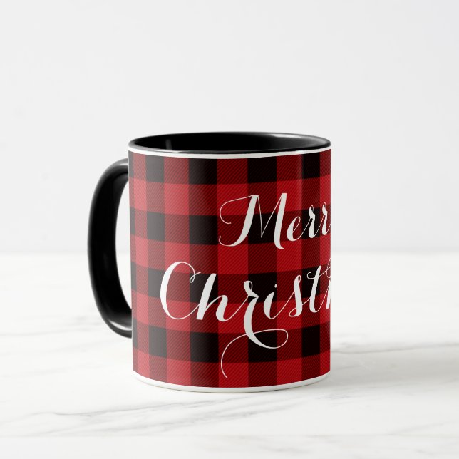 Mug Campagne rouge et noir plaid - Joyeux Noël (Devant gauche)