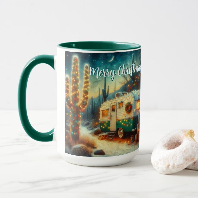 Mug Camper vintage Saguaro Cactus Noël bleu vert (Avec donut)