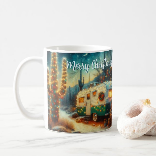 Mug Camper vintage Saguaro Cactus Noël bleu vert (Avec donut)
