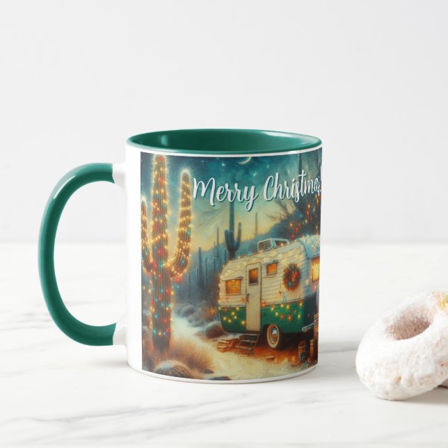 Mug Camper vintage Saguaro Cactus Noël bleu vert (Avec donut)
