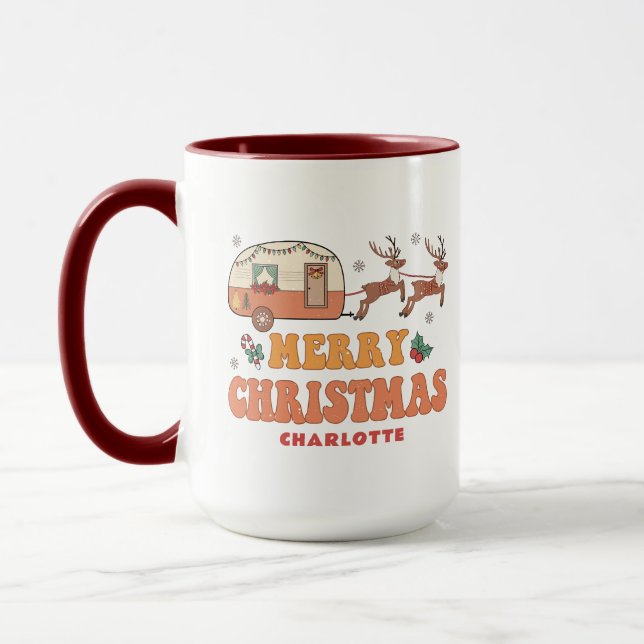 Mug Camping Joyeux renne de Noël Nom personnalisé (Gauche)