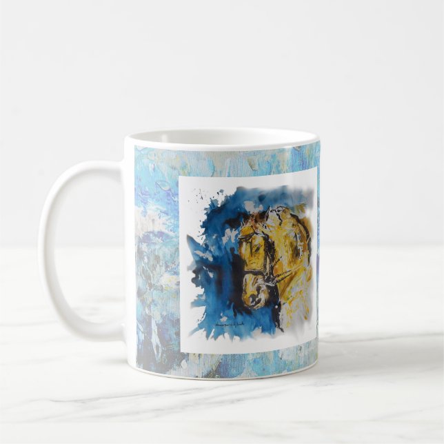 Mug Caneca pintura "Cavalo" com fundo em manchas azuis (Gauche)