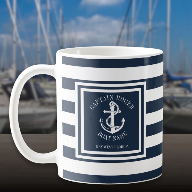 Mug Capitaine et nom du bateau Navy Blue Stripe Anchor (Captain And Boat Name Navy Blue Stripe Anchor Coffee Mug)