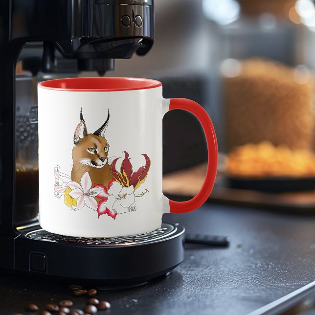 Mug Caracal Élégant Chat Sauvage Lis Floral Vert (Créateur téléchargé)
