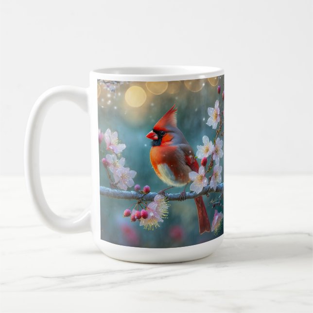 Mug Cardinal masculin en fleurs de cerisiers au clair  (Gauche)