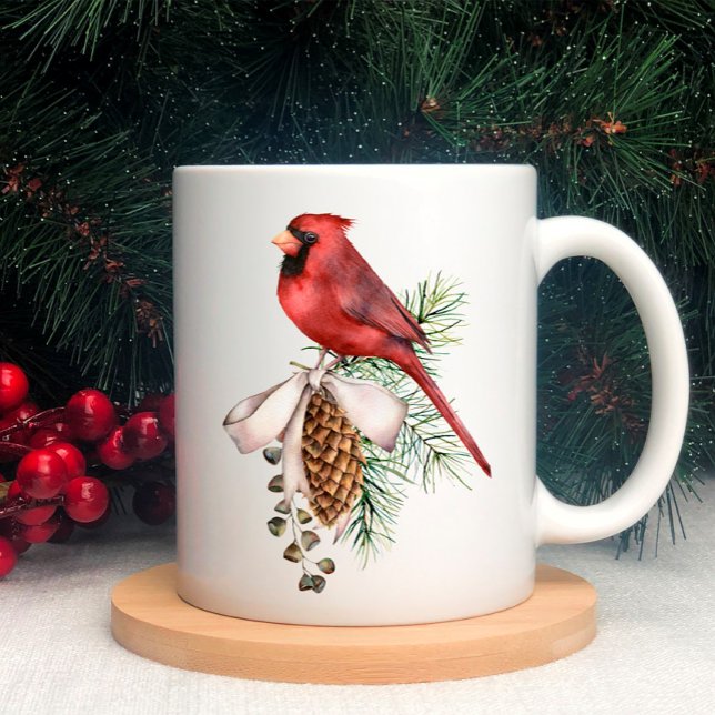 Mug Cardinal rouge, cônes de pin, Branche, Noël au rub (Créateur téléchargé)