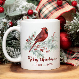 Mug Cardinal Rouge de Noël Pinède Hivernale Aquarelle