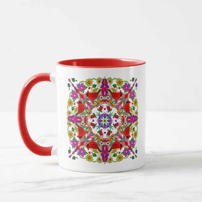 Mug Cardinal rouge et Fleurs colorées Mandala (Gauche)