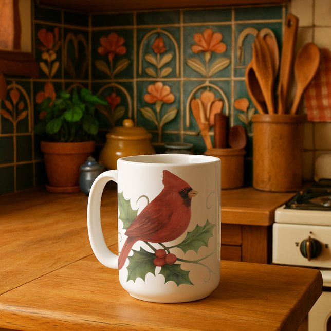 Mug Cardinal Rouge sur Winter Holly & Mistletoe (Créateur téléchargé)