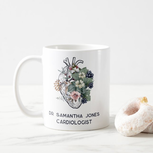 Mug Cardiologue floral du coeur anatomique personnalis (Avec donut)