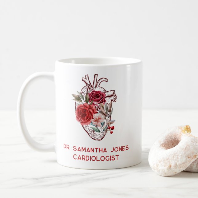 Mug Cardiologue floral du coeur anatomique personnalis (Avec donut)