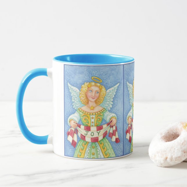 Mug Caricature de Noël Angel Halo avec bannière de joi (Avec donut)