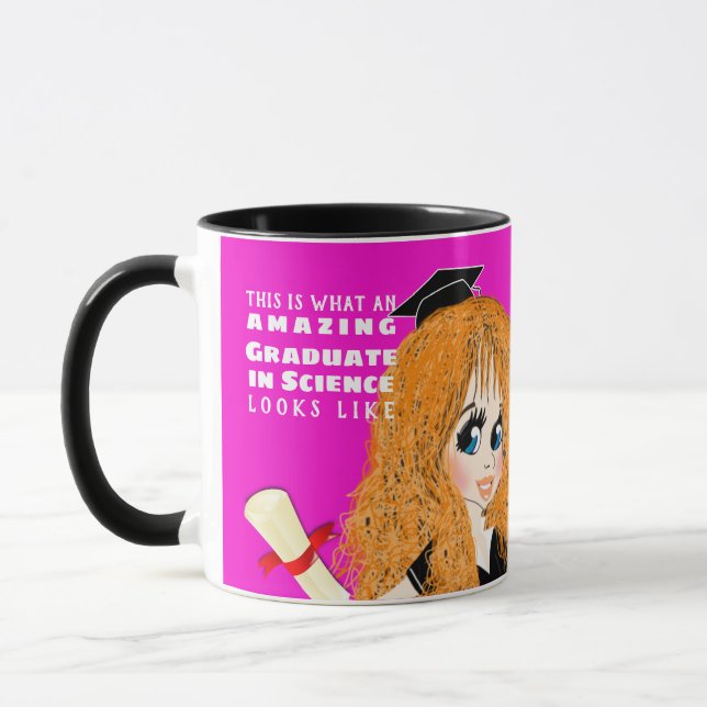 Mug Caricature DIPLÔMÉE Cadeau Rouge Long cheveux Bleu (Gauche)