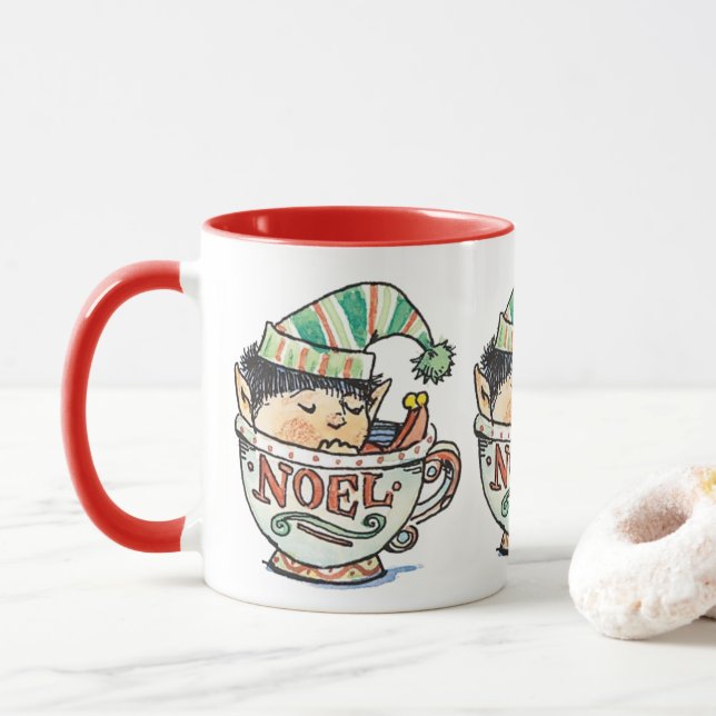 Mug Caricature mignonne Elf de Noël dormant dans une t (Avec donut)
