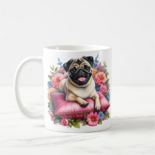 Mug Carlin Chien sur un Coussin avec Fleurs en Aquarel