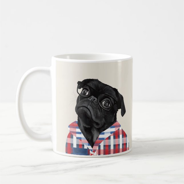 Mug Carlin noir mignon avec lunettes et chemise (Gauche)