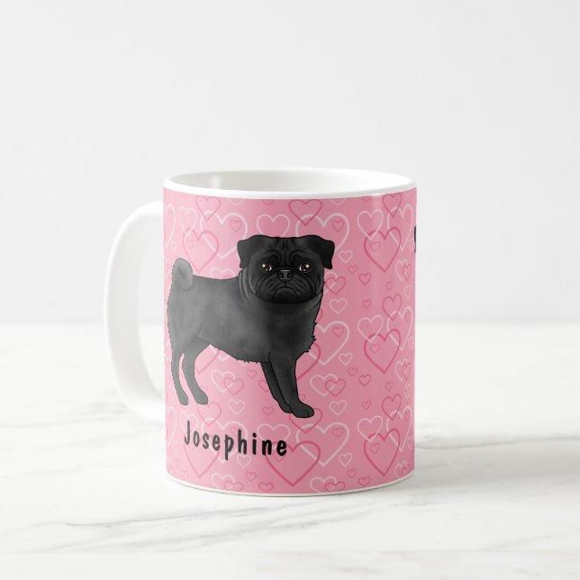 Mug Carlin noir Mops et coeurs roses avec nom (Devant gauche)