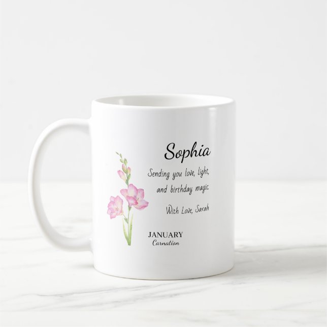 Mug Carnation de janvier Anniversaire personnalisé (Gauche)