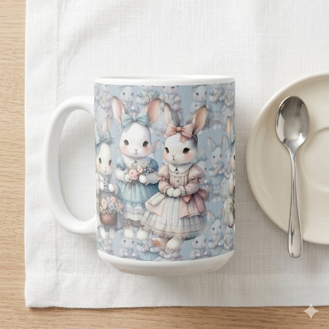 Mug Carreau aquarelle des Sœurs Cottage Bunny (Cottage Bunny Sisters Watercolor Tile Coffee Mug)