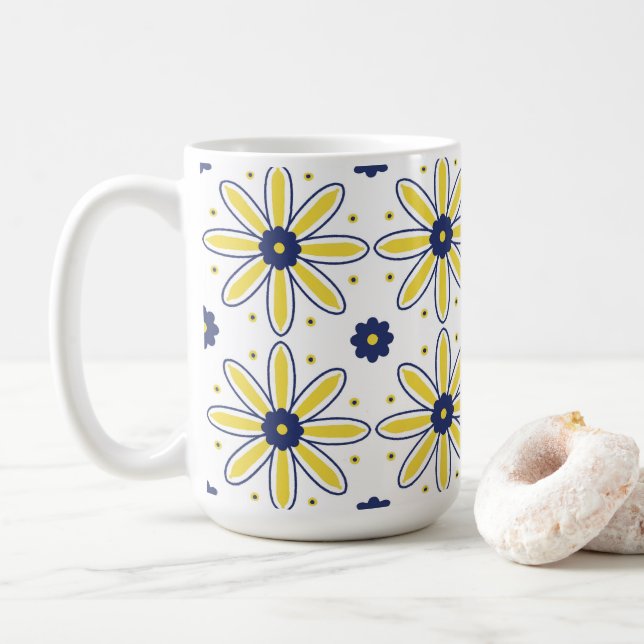 Mug Carreau de marguerite méditerranéenne bleu marine  (Avec donut)