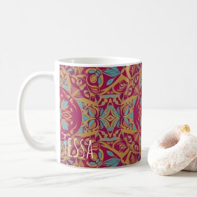 Mug Carreau de motif mandala bohème orné (Avec donut)