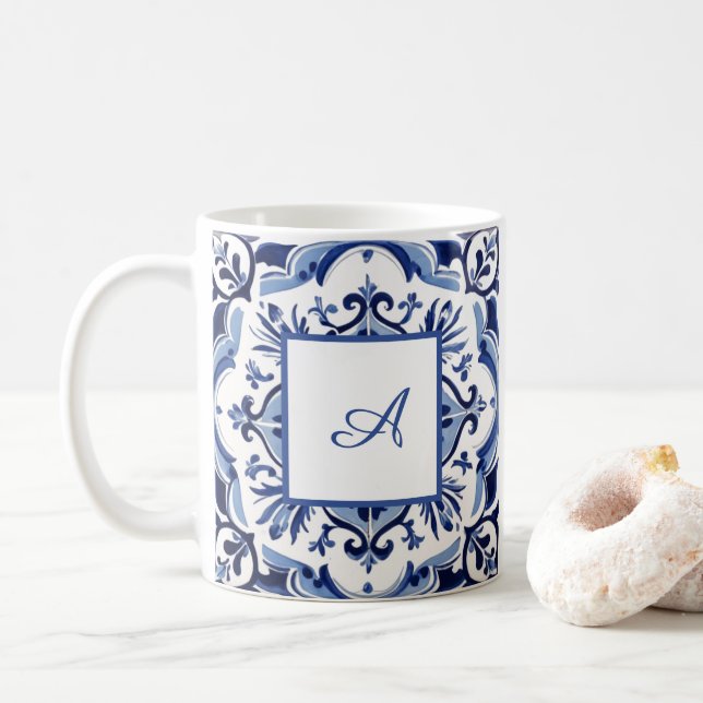 Mug Carreaux blancs italiens Amalfi | votre initiale (Avec donut)