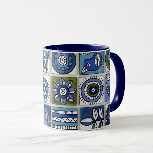 Mug Carreaux de céramique d'oiseau et de fleur abstrai (Devant droit)