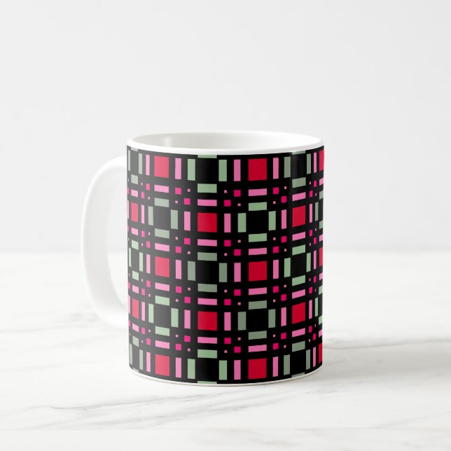 Mug Carreaux géométriques verts rouges noirs rayures  (Devant gauche)