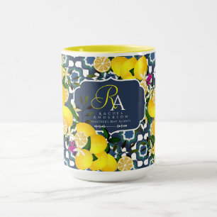 Mug Carreaux Méditerranéens au Citron  Bleu Nuit Blanc