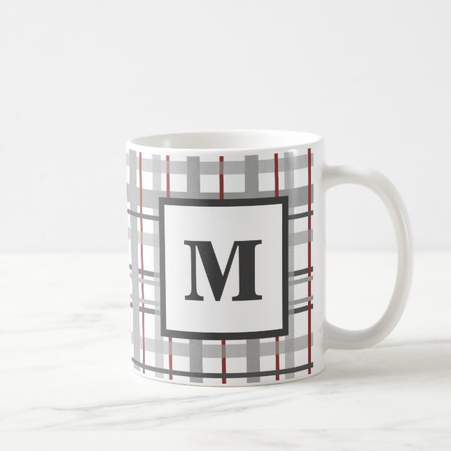Mug Carreaux Rouge Gris Argent Monogramme (Droite)