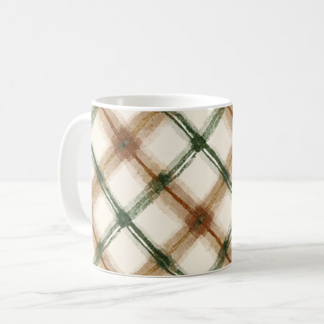 Mug Carreaux Vert Marron Crème Rayures (Devant gauche)