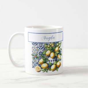 Mug Carrelage bleu italien et citrons   votre nom