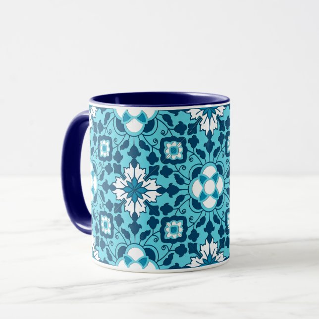 Mug Carrelage marocain floral, Indigo, bleu ciel et bl (Devant gauche)