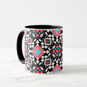 Mug Carrelage marocain floral, noir, blanc et rose cor