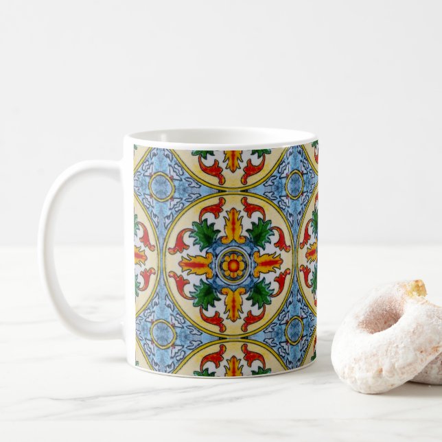 Mug Carrelage Peranakan Rouge Orange Fleur Ornementale (Avec donut)