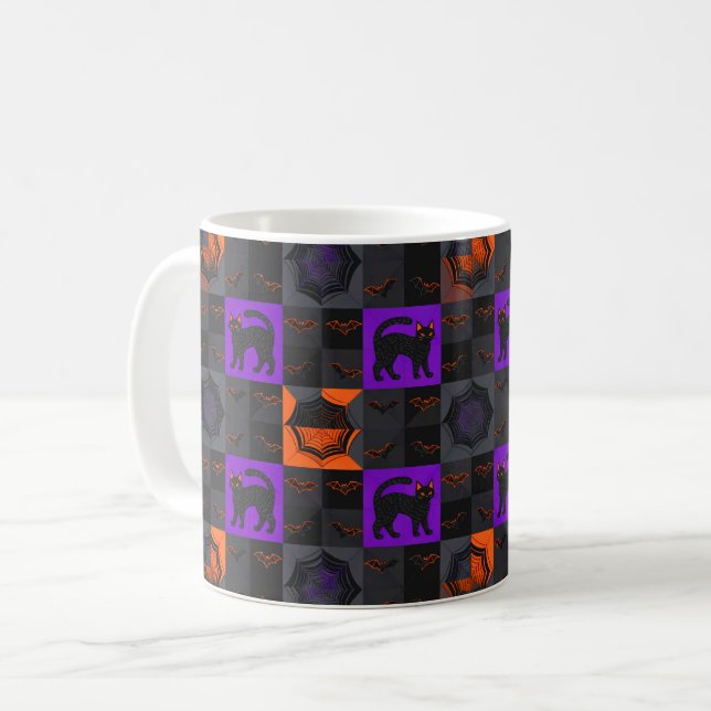 Mug Carrés de chat noir Halloween (Devant gauche)