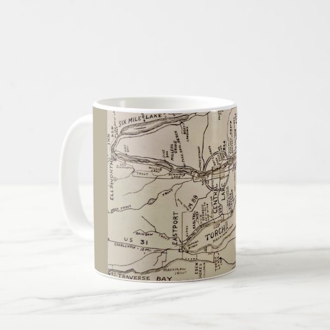 Mug Carte ancienne du lac Torch Michigan (Devant gauche)